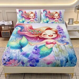 Kids Mermaid 3pc Set Twin Size Fitted Sheet + 2 Pillowcases